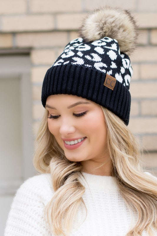 Women's Leopard Print Faux Fur Pom Beanie