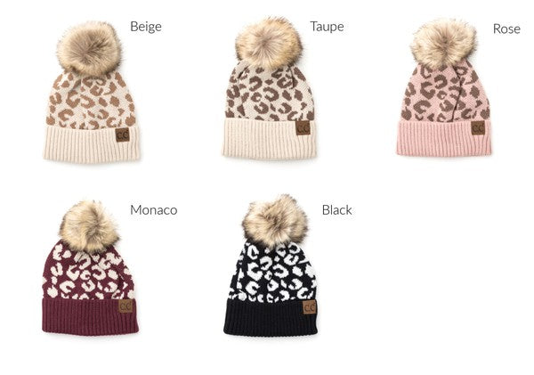 Women's Leopard Print Faux Fur Pom Beanie