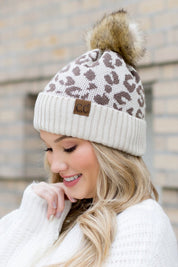 Women's Leopard Print Faux Fur Pom Beanie