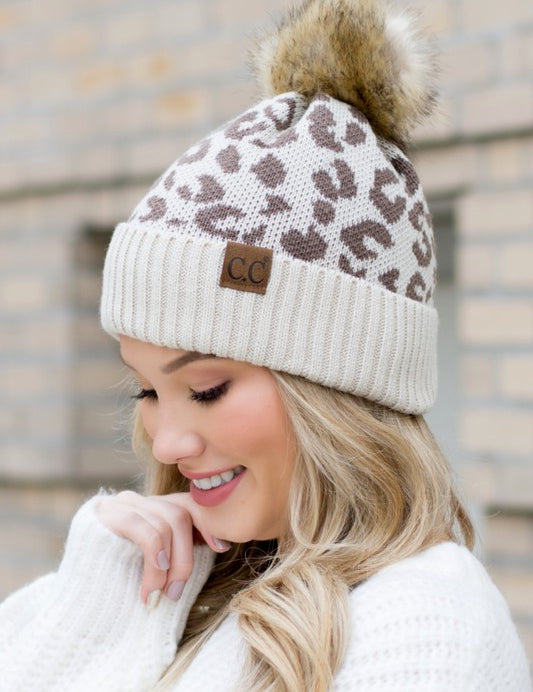 Women's Leopard Print Faux Fur Pom Beanie