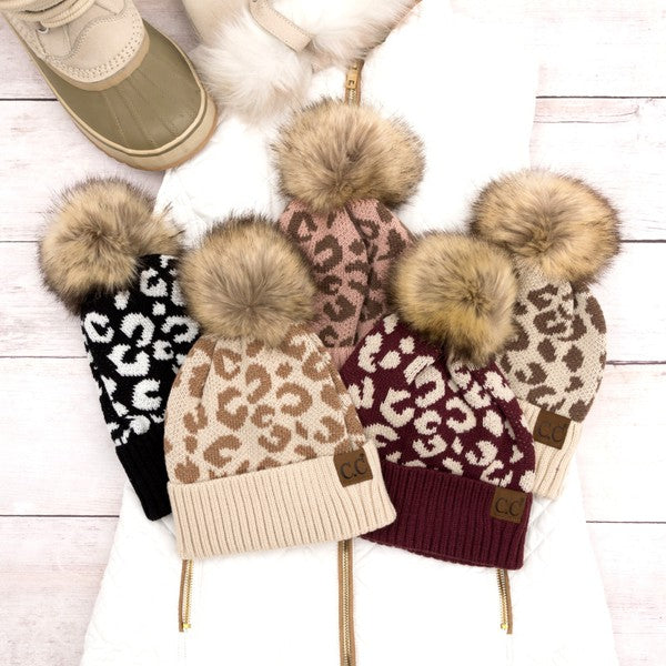 Women's Leopard Print Faux Fur Pom Beanie