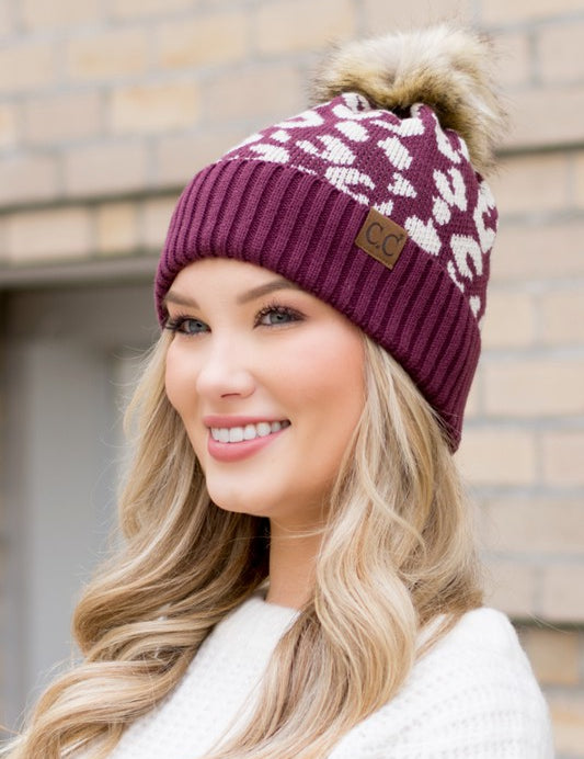 Women's Leopard Print Faux Fur Pom Beanie