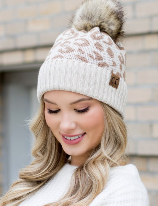 Women's Leopard Print Faux Fur Pom Beanie