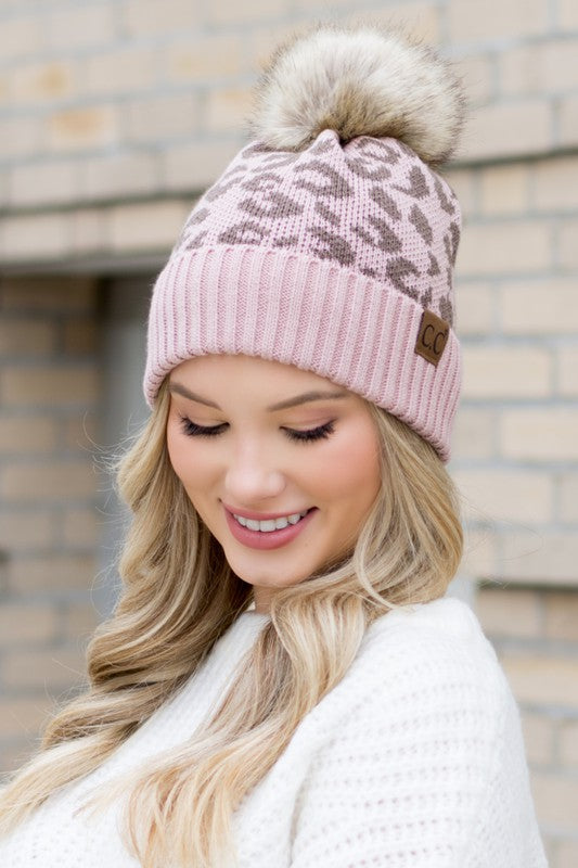 Women's Leopard Print Faux Fur Pom Beanie