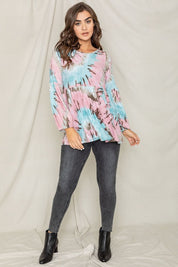 Women's Tie Dye Bishop Sleeve Tunic Top