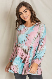 Women's Tie Dye Bishop Sleeve Tunic Top