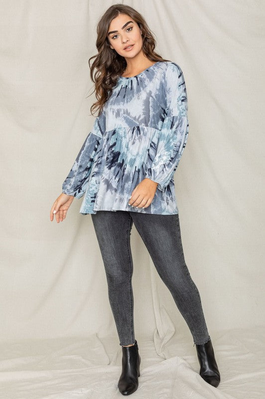 Women's Tie Dye Bishop Sleeve Tunic Top