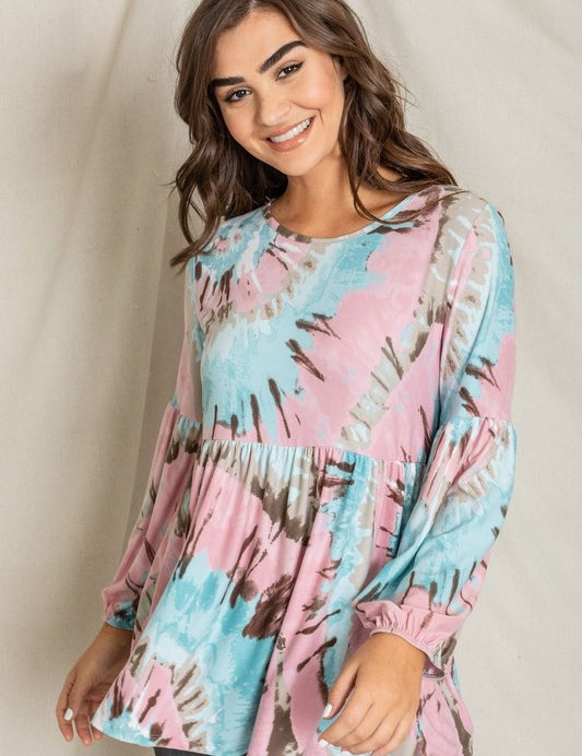 Women's Tie Dye Bishop Sleeve Tunic Top