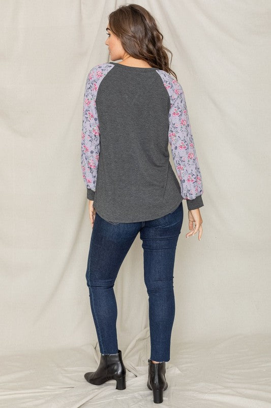 Women's V-Stich Floral Raglan Sleeve Top