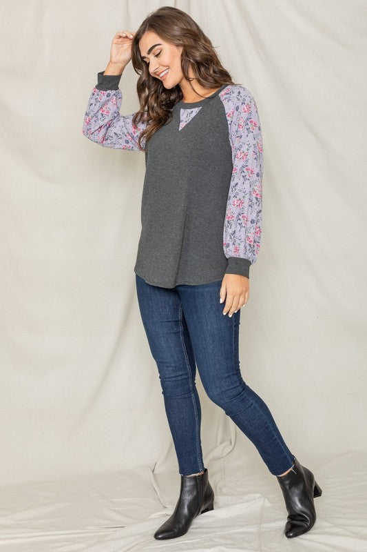 Women's V-Stich Floral Raglan Sleeve Top