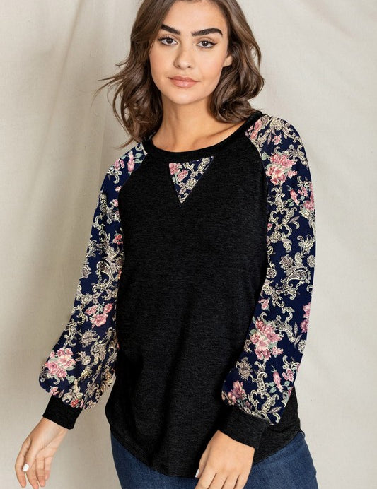 Women's V-Stich Floral Raglan Sleeve Top