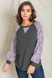 Women's V-Stich Floral Raglan Sleeve Top