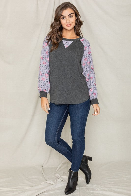 Women's V-Stich Floral Raglan Sleeve Top