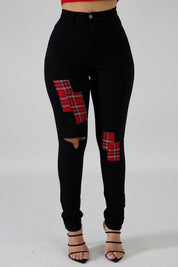 Women's High Rise Plaid Patch Skinny Jeans