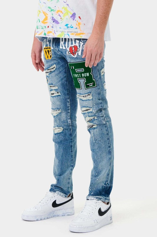 Men's Slim Fit Varsity Patched Denim Jeans