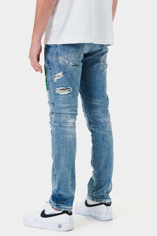 Men's Slim Fit Varsity Patched Denim Jeans