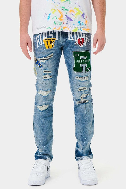 Men's Slim Fit Varsity Patched Denim Jeans