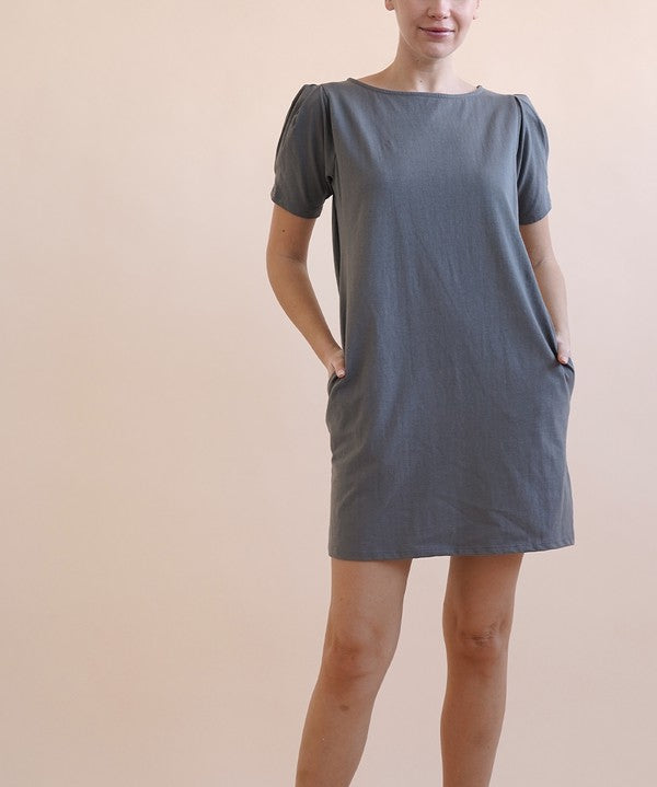 Women's Puff Sleeve Cotton Park Dress with Pockets