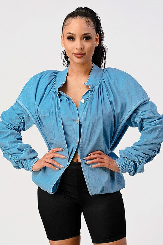 Women's Casual Double Layer Sleeve Denim Jacket