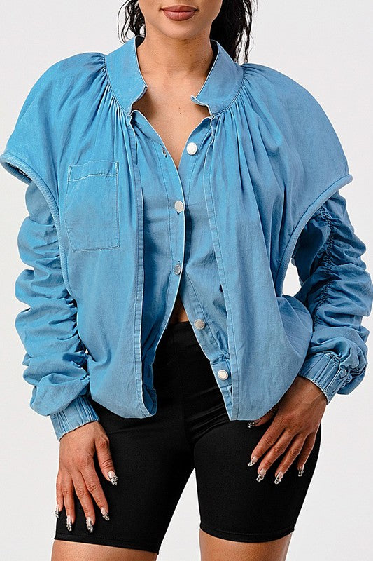 Women's Casual Double Layer Sleeve Denim Jacket