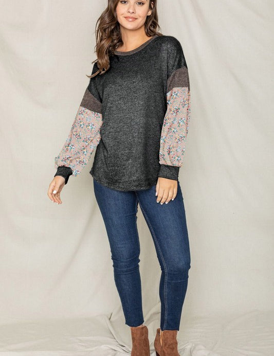 Women's Floral Bishop Sleeve Color Block Tunic