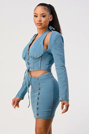 Women's Corset Denim Crop Top and Skirt Set