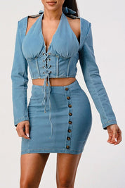 Women's Corset Denim Crop Top and Skirt Set