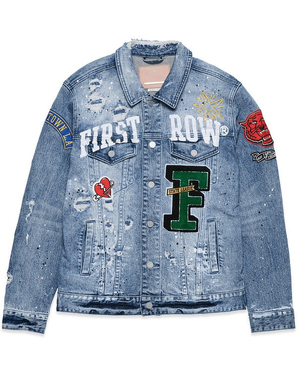 Men's Casual Regular Fit Denim Jacket with Varsity Patches