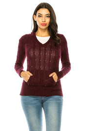 Women's Casual V-Neck Knit Hoodie Sweater with Pockets