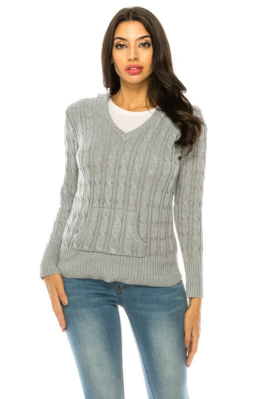 Women's V-Neck Knit Hoodie Sweater with Pockets