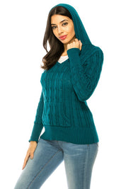 Women's V-Neck Knit Hoodie Sweater with Pockets