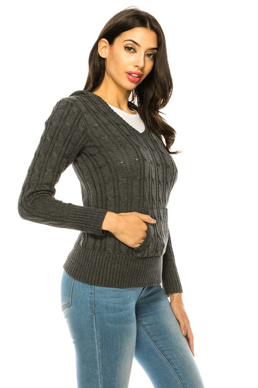 Women's V-Neck Knit Hoodie Sweater with Pockets