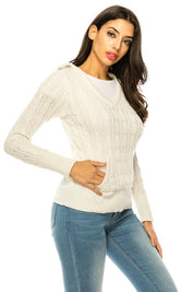 Women's V-Neck Knit Hoodie Sweater with Pockets