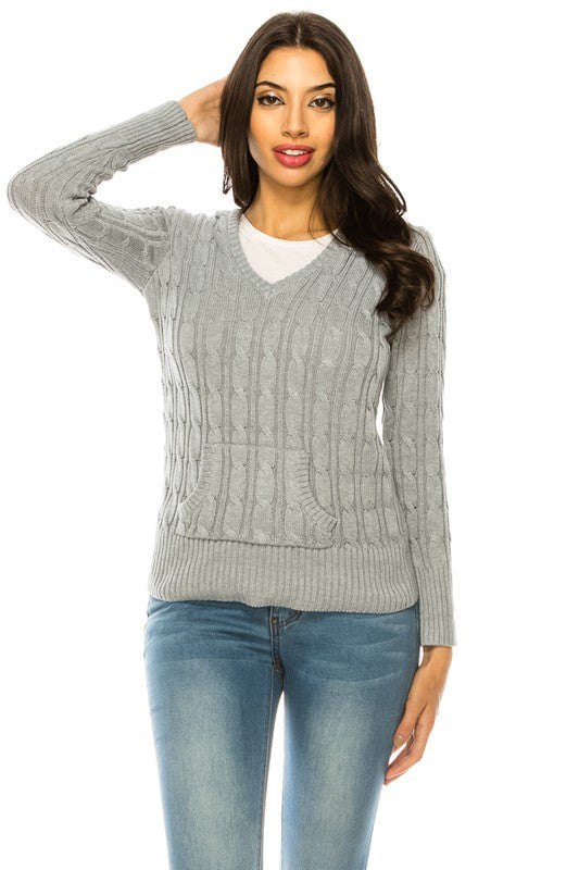 Women's Casual V-Neck Knit Hoodie Sweater with Pockets