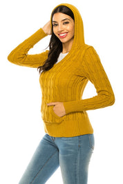 Women's V-Neck Knit Hoodie Sweater with Pockets