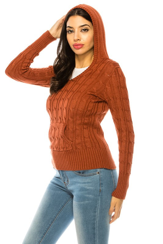 Women's Casual V-Neck Knit Hoodie Sweater with Pockets