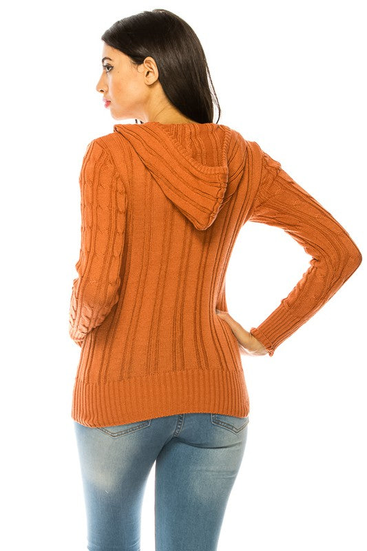 Women's Casual V-Neck Knit Hoodie Sweater with Pockets