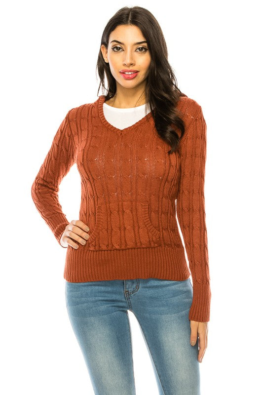 Women's V-Neck Knit Hoodie Sweater with Pockets