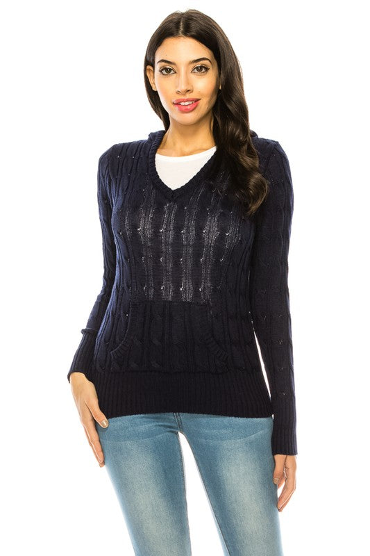 Women's V-Neck Knit Hoodie Sweater with Pockets