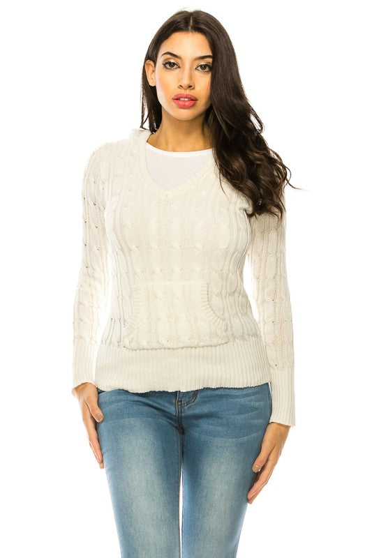 Women's V-Neck Knit Hoodie Sweater with Pockets