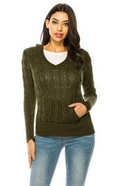 Women's Casual V-Neck Knit Hoodie Sweater with Pockets