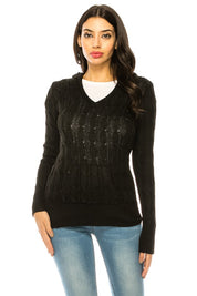 Women's V-Neck Knit Hoodie Sweater with Pockets