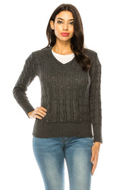 Women's Casual V-Neck Knit Hoodie Sweater with Pockets