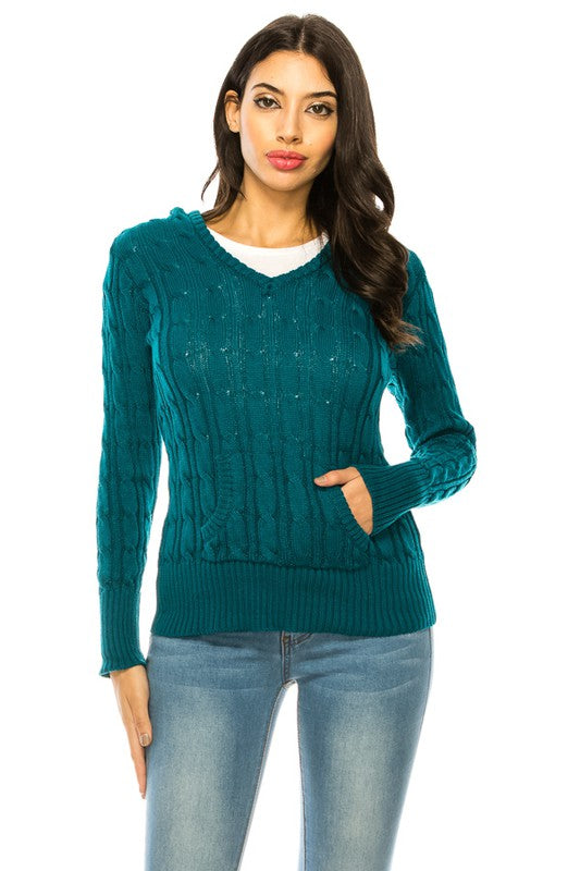 Women's V-Neck Knit Hoodie Sweater with Pockets