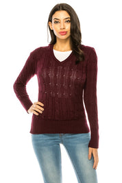 Women's Casual V-Neck Knit Hoodie Sweater with Pockets