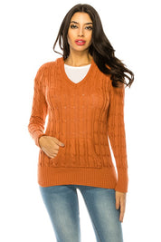 Women's Casual V-Neck Knit Hoodie Sweater with Pockets