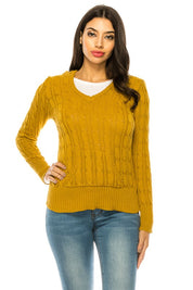 Women's V-Neck Knit Hoodie Sweater with Pockets