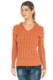 Women's V-Neck Knit Hoodie Sweater with Pockets