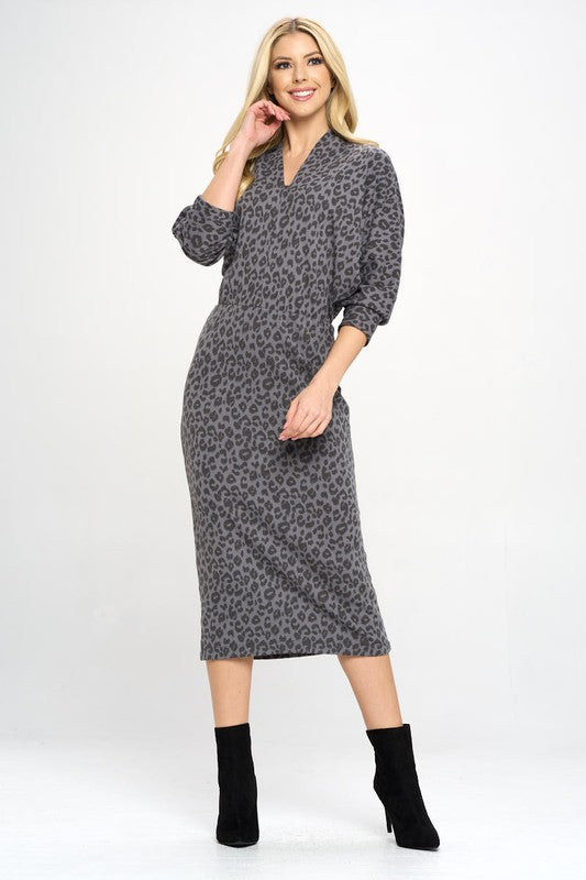 Women's Leopard Print Bodycon Dolman Sleeve Midi Dress