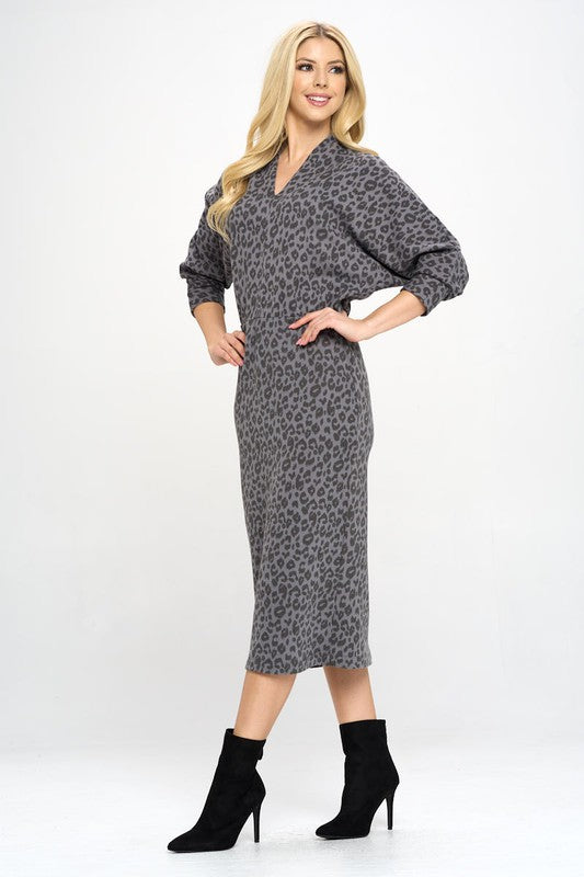 Women's Leopard Print Bodycon Dolman Sleeve Midi Dress